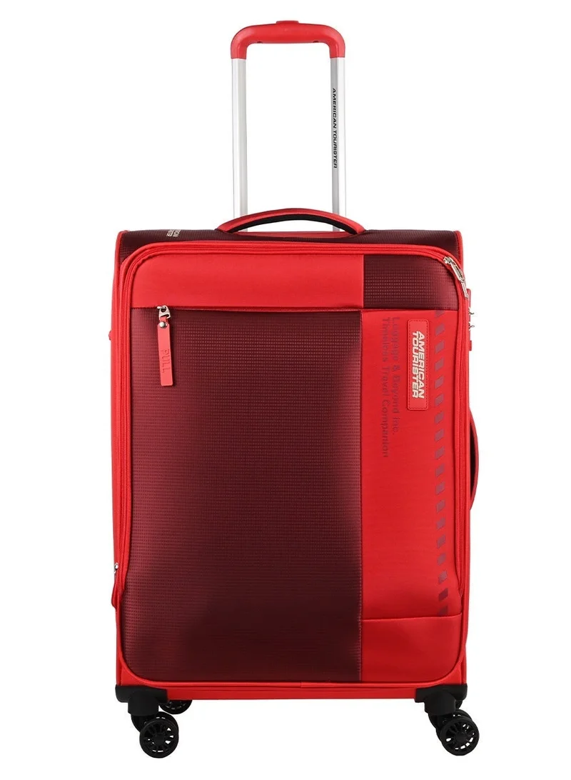 AMERICAN TOURISTER Marina Suitcase, Check-In Size 70 cm / 26 inch, 4 Spinner Wheels, Soft Top, 100% Polyester, Red|Inner Mesh Zippered Pocket|Expandable|TSA Lock|Voluminous Front Pocket - 3 Years International Warranty